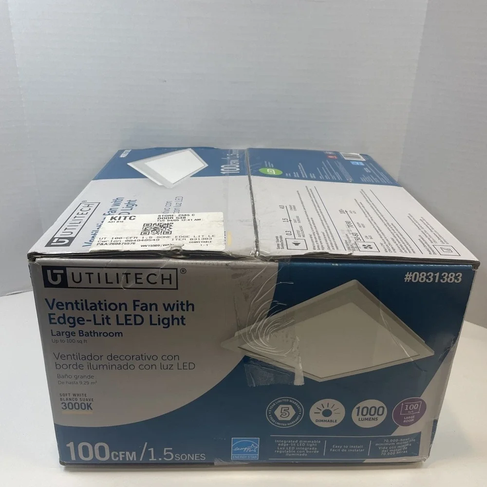 Utilitech Ventilation Fan White 100CFM 1.5Sone Edge-Lit LED Light Dimmable